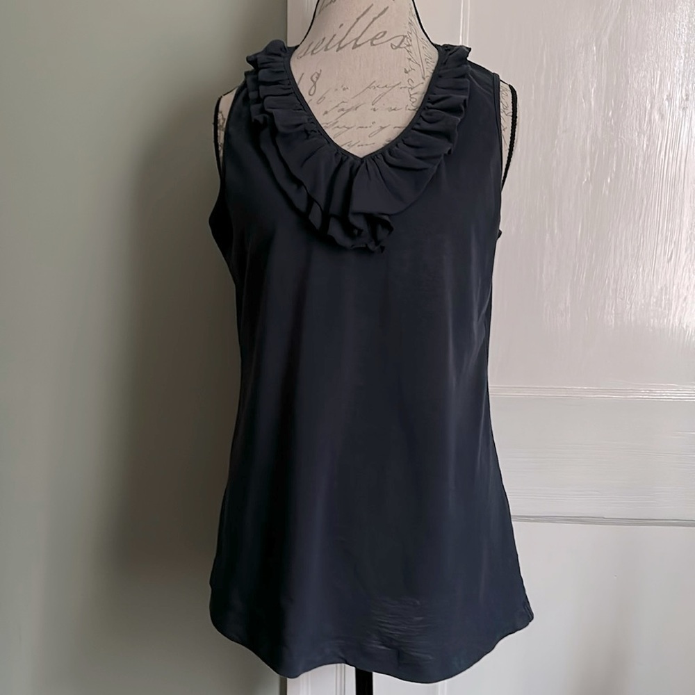 G.H. Bass & Company Navy Sleeveless Ruffle V-Neck Tee